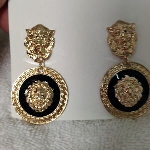 Gold and Black Lion Medallion Earrings